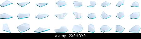Symbole für gebrochene Glasfragmente gesetzt. Satz realistischer Scherben aus transparentem Glasbruch, die die scharfen Kanten auf einem weißen Hintergrund zeigen Stock Vektor