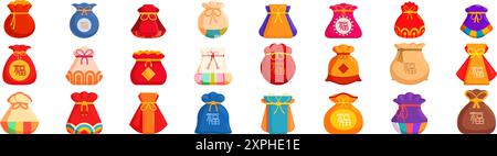 Chinesisches Glücksbeutel-Symbol-Set. Set aus farbenfrohen Glücksgeldbeuteln für das chinesische Neujahrsfest, mit traditionellen Designs und verheißungsvollen Symbolen Stock Vektor