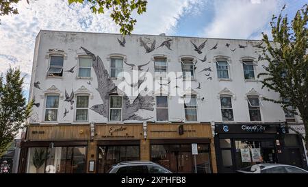 London, Großbritannien. August 2024. Die Wand eines Gebäudes in Leytonstone, dem Geburtsort des Regisseurs Alfred Hitchcock, ist mit Vögeln verziert, in Anspielung auf seinen Thriller „die Vögel“. Quelle: Philip Dethlefs/dpa/Alamy Live News Stockfoto