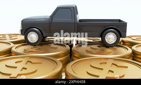 3D-Wiedergabe eines Pick-up-Wagens und verstreuter Goldmünzen Stockfoto