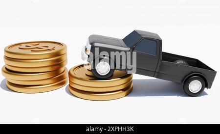 3D-Wiedergabe eines Pick-up-Wagens und verstreuter Goldmünzen Stockfoto