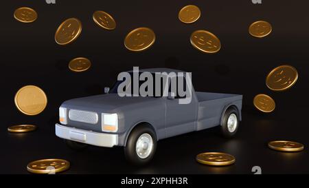 3D-Wiedergabe eines Pick-up-Wagens und verstreuter Goldmünzen Stockfoto