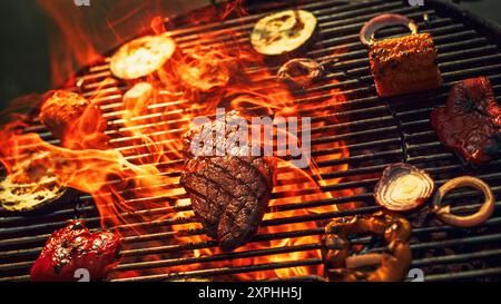 Brutzelndes Steak und verschiedene Gemüsesorten Grill über intensiven Flammen, das die Essenz von Outdoor Barbecue, rauchigen Aromen und kulinarischen Genuss in lebendiger, feuriger Umgebung einfängt. Stockfoto