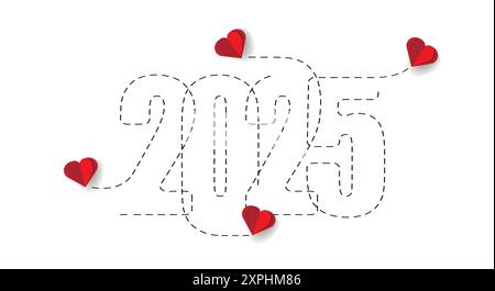 Frohe weihnachten und ein frohes neues Jahr. Fliegende Herzen mit Papierschneidtechnik mit der Route 2025. Stock Vektor