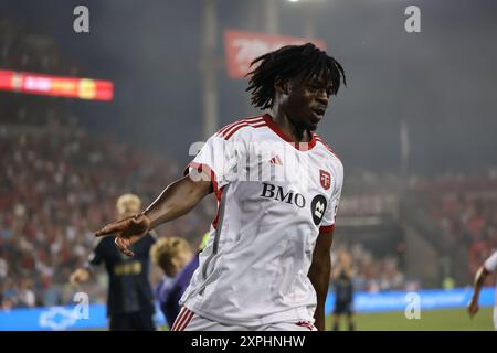 Toronto, ON, Kanada, 13. Juli 2024, D. Kerr #29 feiert das Tor beim MLS-Spiel zwischen Toronto FC und Philadelphia Union im BMO Stadium. Stockfoto