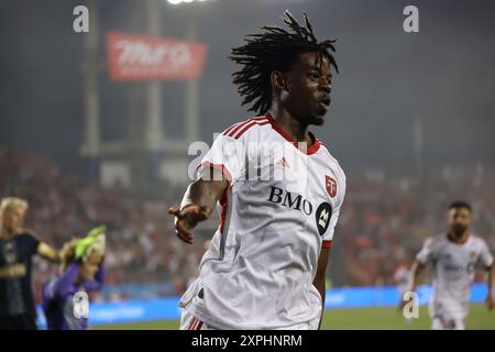 Toronto, ON, Kanada, 13. Juli 2024, D. Kerr #29 feiert das Tor beim MLS-Spiel zwischen Toronto FC und Philadelphia Union im BMO Stadium. Stockfoto