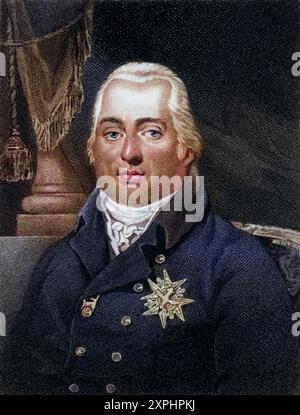 Ludwig XVIII. (Stanislaw Xavier 1755-1824), jüngerer Bruder von Ludwig XVI., ernannte sich 1795 selbst zum König von Frankreich. Von 1791 bis zum Sturz Napoleons im April 1814 im Exil. Punktstich aus „Geschichte der durch die Französische Revolution verursachten Kriege ...“ von CH Gifford (London, 1817)., Historisch, digital restaurierte Reproduktion von einer Vorlage aus dem 19. Jahrhundert, Datum nicht angegeben Stockfoto