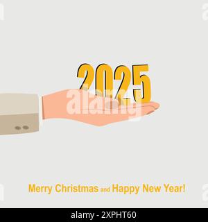Neujahrskonzept 2025. Zahlen auf der Handfläche. Stock Vektor