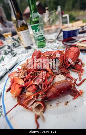 Muschelplatte mit übrig gebliebenen Meeresfrüchten. Flusskrebshüllen. Stockfoto