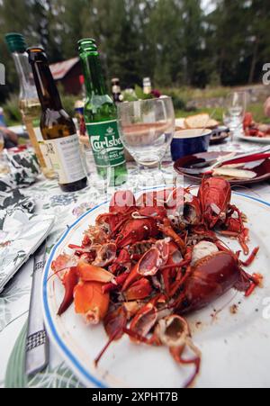 Muschelplatte mit übrig gebliebenen Meeresfrüchten. Flusskrebshüllen. Stockfoto