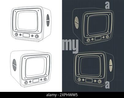 Stilisierte Vektorabbildungen einer technischen Zeichnung des Retro-Fernsehens Stock Vektor