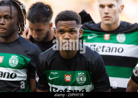 Aveiro, Portugal. August 2024. Geny Catamos (Sporting CP) wurde beim Spiel Supertaca Candido de Oliveira 2024 zwischen Sporting CP und FC Porto im Estadio Municipal de Aveiro gesehen. Endstand; Sporting CP 3:4 FC Porto. (Foto: Maciej Rogowski/SOPA Images/SIPA USA) Credit: SIPA USA/Alamy Live News Stockfoto