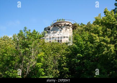 Eine verlassene Betonkonstruktion, die teilweise von üppigen grünen Bäumen versteckt ist und an einem sonnigen Tag vor einem hellblauen Himmel steht. Stockfoto