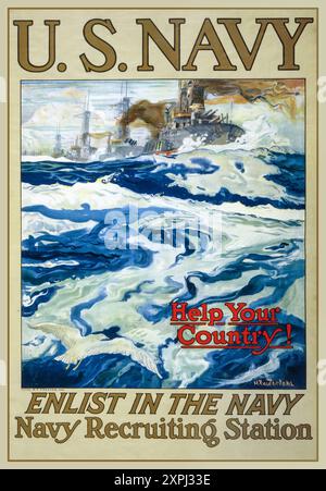 WW1 US NAVY United States NAVY Rekrutierungsplakat mit Schlachtschiffen auf See: „U.S. Navy - Help your Country! Melden Sie sich bei der Marine an. (Poster) : Lithografie, Farbe; Datum 1917 des Künstlers Henry Reuterdahl (1870–1925) Stockfoto