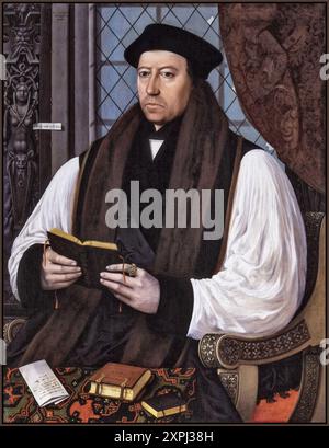 Thomas Cranmer Porträt c1545 Öl auf Tafel von Gerlach Flicke. Thomas Cranmer (* 2. Juli 1489 bis 21. März 1556) war ein religiöser Anführer der englischen Reformation und Erzbischof von Canterbury während der Regierungszeit von Heinrich VIII., Eduard VI. Und für kurze Zeit auch der englische Prälat und Reformator Thomas Cranmer. Maria I. Er half, den Fall für die Annullierung der Heirat Heinrichs mit Katharina von Aragon aufzubauen, was einer der Gründe für die Trennung der englischen Kirche von der vereinigung mit dem Heiligen Stuhl war. Stockfoto