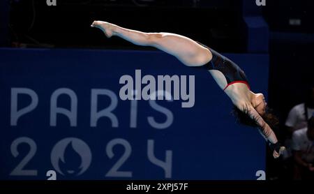 Paris, Frankreich. August 2024. Olympische Spiele in Paris: TAUCHEN - 10-Meter-Plattformfinale der Frauen - Matsuri Arai aus Japan, am 11. Tag der Olympischen Spiele 2024 in Paris im Aquatic Centre, Paris, Frankreich. Quelle: Adam Stoltman/Alamy Live News Stockfoto