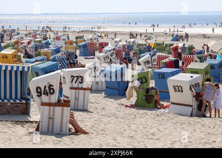 Niedersachsen, Langeoog, Tausende Touristen am Strand von der Nordseeinsel Langeoog, Urlaub an der Nordsee, Strandkörbr, Nordsee, Meer, Sommerferien, *** Niedersachsen, Langeoog, Tausende Touristen am Strand der Nordseeinsel Langeoog, Urlaub an der Nordsee, Liegen, Nordsee, Meer, Sommerurlaub, Stockfoto