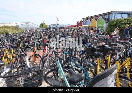 Niedersachsen, Langeoog, Tausende Touristen mit dem Fahrrad am Strand von der Nordseeinsel Langeoog, Urlaub an der Nordsee, Strandkörbe, Nordsee, Meer, *** Niedersachsen, Langeoog, Tausende von Touristen auf Fahrrädern am Strand der Nordseeinsel Langeoog, Urlaub an der Nordsee, Liegestühle, Nordsee, Meer, Stockfoto