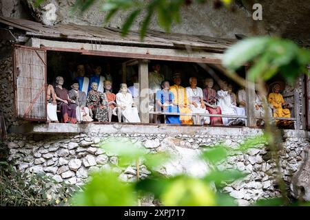 Reihen von Tau Tau, ein geschnitztes hölzernes Bildnis, das der dort begrabenen Leiche ähnelt, Klippen eines Höhlenfriedhofs von Toraja, Sulawesi, Indonesien Stockfoto