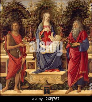 Madonna mit Kind und den beiden Heiligen Johannes (1484–1485), Madonna und Kind mit beiden Heiligen Johannes, Gemälde von Sandro Botticelli (1. März 1445–1510), einer der bedeutendsten italienischen Maler und Zeichner der frühen Renaissance, historisch, digital restaurierte Reproduktion von einer Vorlage, Rekorddatum nicht angegeben Stockfoto