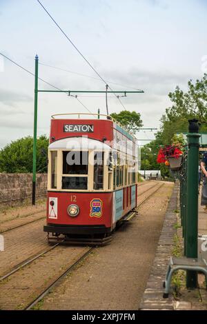 Tram Nr. 12, Haltestelle Colyton auf der Seaton Tramway, Devon, Devonshire, England Stockfoto