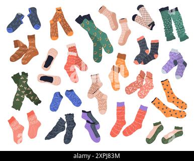 Kollektion aus trendigen Baumwoll-, Sport- und Wollsocken. Stock Vektor