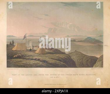 Blick auf das Arktische Meer, von der Mündung des Copper Mine River, Nunavut, Mitternacht. Juli 1821. Illustration aus der Erzählung einer Reise an die Küsten des Polarmeeres, von Captain John Franklin, um die 1820er Jahre Stockfoto