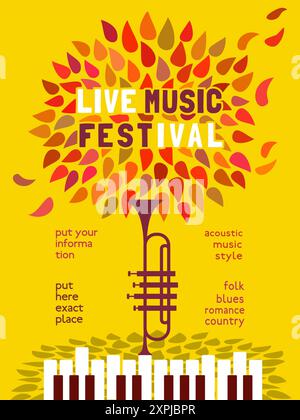 Herbstsaison Live Music Festival minimales Design Vektor-Poster. Klavier, Trompetensilhouette, Zeichentrickillustration fallende Blätter. Herbstfest Vibes Music Fest Stock Vektor