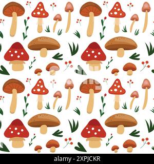 Nahtlose Musterillustration mit Pilzen und Waldpflanzen Stock Vektor