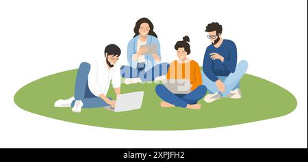 Die Gruppenschüler sitzen mit einem Laptop auf dem Gras. Bildungskonzept Stock Vektor