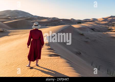 Wüstenabenteuer. Junge Frau in rotem Kleid in Sanddünen bei Sonnenuntergang, fantastische Aussicht. Stockfoto