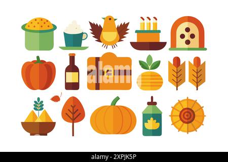 Set aus farbenfrohen Zeichentricksymbolen für Thanksgiving-Tag Stockfoto