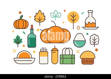 Set aus farbenfrohen Zeichentricksymbolen für Thanksgiving-Tag Stockfoto