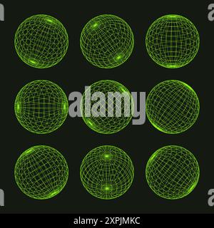 Drahtmodellformen, gefütterte Kugel. Perspektivisches Netz, 3D-Raster. Geometrische Elemente mit niedrigem Poly. Futuristische Retro-Designelemente, y2k, Vaporwave und Synthwave Stock Vektor