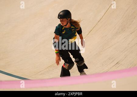 Paris, Frankreich. August 2024. Ruby Trew (Australien) tritt beim Skateboarding Park Finale in La Concorde 4 in Paris an. Quelle: Ulrik Pedersen/Alamy Stockfoto