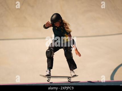 Paris, Frankreich. August 2024. Ruby Trew (Australien) tritt beim Skateboarding Park Finale in La Concorde 4 in Paris an. Quelle: Ulrik Pedersen/Alamy Stockfoto