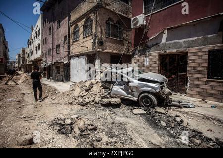 Nablus, Palästina. August 2024. Ansicht der Schäden, die durch einen israelischen Luftangriff in der Stadt Jenin im nördlichen besetzten Westjordanland verursacht wurden. (Foto: Nasser Ishtayeh/SOPA Images/SIPA USA) Credit: SIPA USA/Alamy Live News Stockfoto