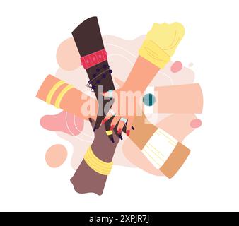 Multikulturelle Hände stützen sich gegenseitig. Liebende treffen, Partnerschaft, Unterstützung, Freundschaft Freunde Hände, Vereinbarung, Hand in Hand flacher Vektor Stock Vektor
