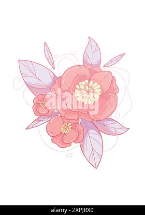 Zarter Vektor-Kunstdruck mit rosa Blumen. Frühlingsblumen Gartenrosen mit schwarzem Logo und Sketch-Pflanze. Vektorillustration botanischer Stamm, grün Stock Vektor