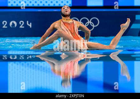 Paris, Frankreich. August 2024. Athleten des französischen Teams treten im Free Routine Final der Olympischen Spiele 2024 in Paris (Frankreich) am 6. August 2024 im Aquatics Centre in Paris an. Quelle: Insidefoto di andrea staccioli/Alamy Live News Stockfoto