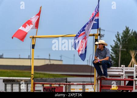 Indischer Cowboy beim Neyaskweyahk Native Classic Indian Rodeo. Maskwacis (Hobbema) Alberta Kanada Stockfoto