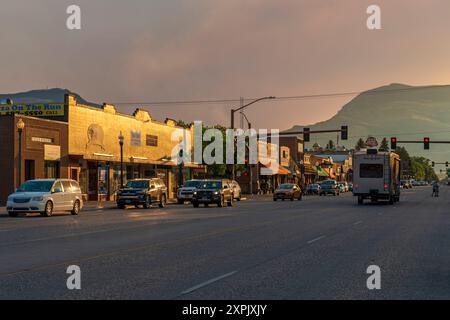 Downtown Cody Town Main Street at Sunset, Wyoming, USA. Stockfoto