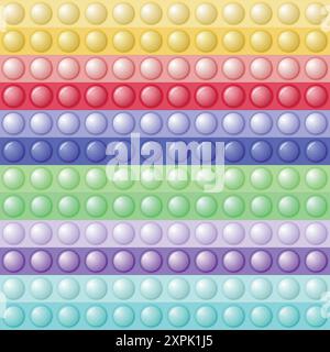 Nahtloses Muster mit trendigen Spiel Pop it, einfache Grübchen. Regenbogen-Fidget-Spielzeug. Farbenfroher Anti-Stress-Hintergrund. Doodle-Stil. Blasen knallen quadratisch Stock Vektor