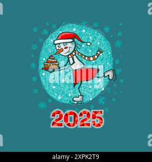 Karte „Happy New Year 2025“. Lustiger Schneemann. Handzeichnung. Nicht AI, Vektorillustrationen. Stock Vektor