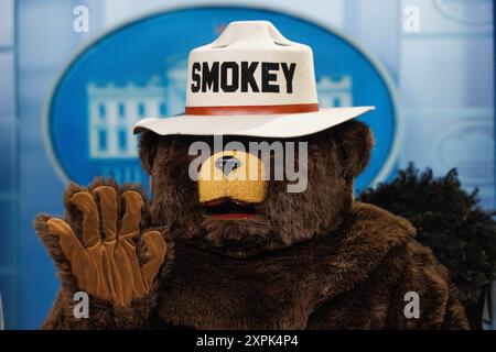 Washington, Usa. August 2024. Smokey the Bear posiert für Fotos im Presseraum des Weißen Hauses. Smokey feiert seinen 80. Geburtstag am 9. August. (Foto: Aaron Schwartz/Pool/ABACAPRESS. COM) Credit: Abaca Press/Alamy Live News Stockfoto