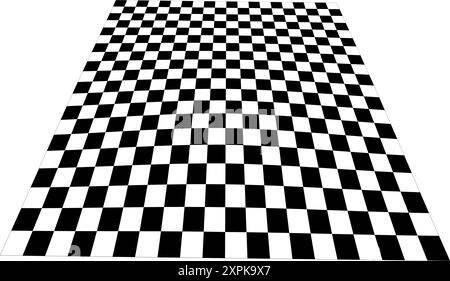 Verzerrte karierte Ebene in der Perspektive. Verformter Fliesenboden. Gekrümmte Schachbretttextur. Konvexe Platine mit schwarz-weißem quadratischem Muster Stock Vektor