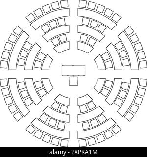 Sitzplätze im Auditorium sind rund oder im Amphitheater angeordnet. Schematische Anordnung der Sitze im Vorlesungssaal oder in der Sitzung, in der Konferenz oder im parlament. Schreibtische und Stock Vektor