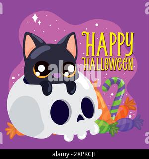 Schwarze Katze und Schädel Happy Halloween Poster Vektor Stock Vektor