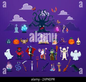 Cartoon Halloween Charaktere und Gegenstände isoliert Vektor Set. Hexe, gruseliger Baum, Teufel, Vampir und Zauberer. Lustige Mumie, süße Geister, Krähe, Fledermäuse und Bu Stock Vektor