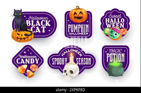Halloween Aufkleber Set. Oktoberfeier, Herbstsaison Horrorfeier oder Happy Halloween Cartoon Vektor gruselige Aufkleber oder Banner mit Schwarz Stock Vektor